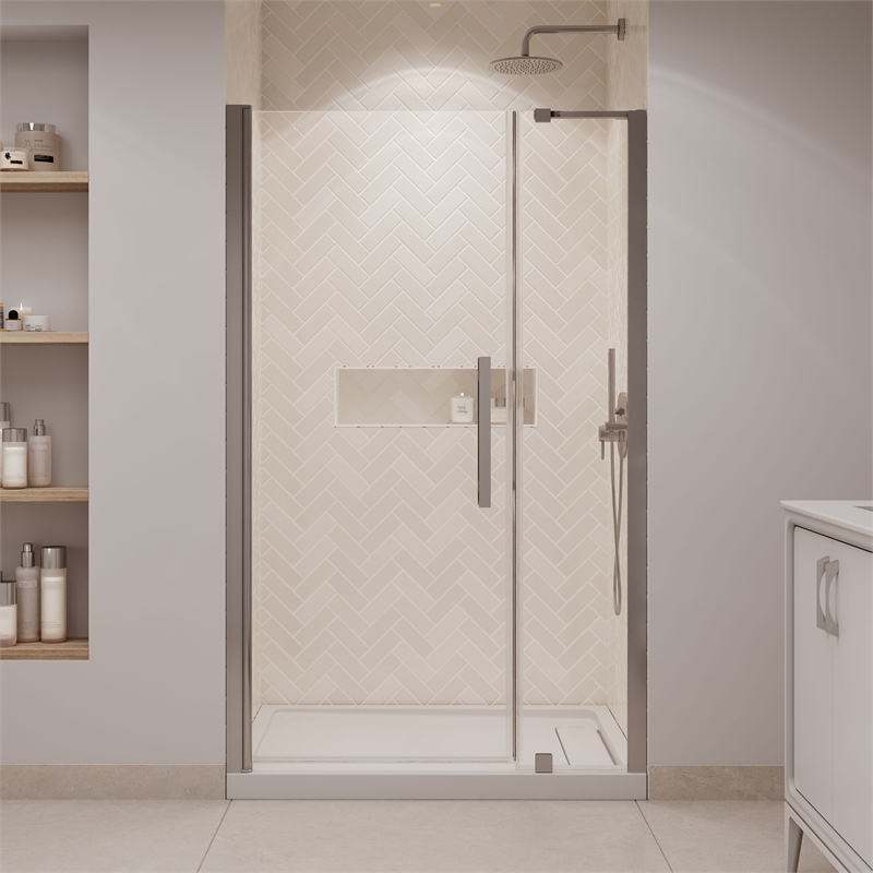 Pemberly Row 48 x 36 x 74-3/4 Shower Kit with Base and Door in Satin Nickel