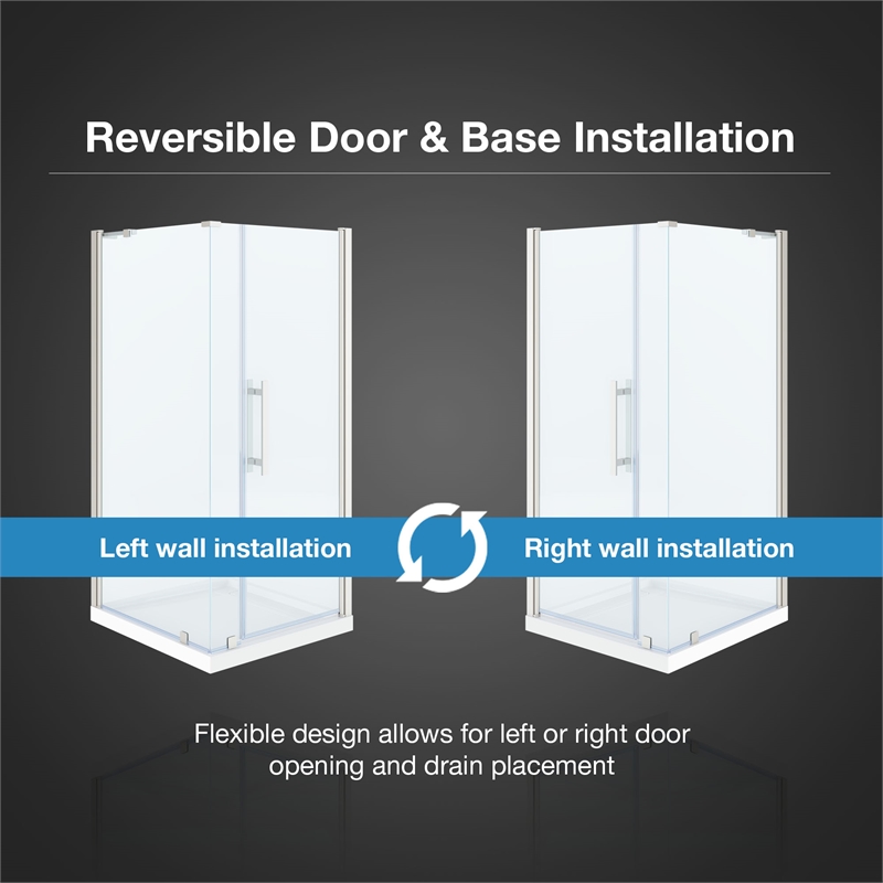 Pemberly Row 36 x 36 x 74-3/4 Corner Shower Kit with Base & Door in Satin Nickel