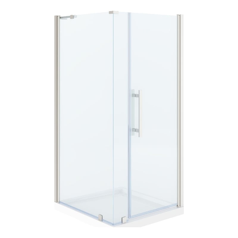Pemberly Row 36 x 36 x 74-3/4 Corner Shower Kit with Base & Door in Satin Nickel