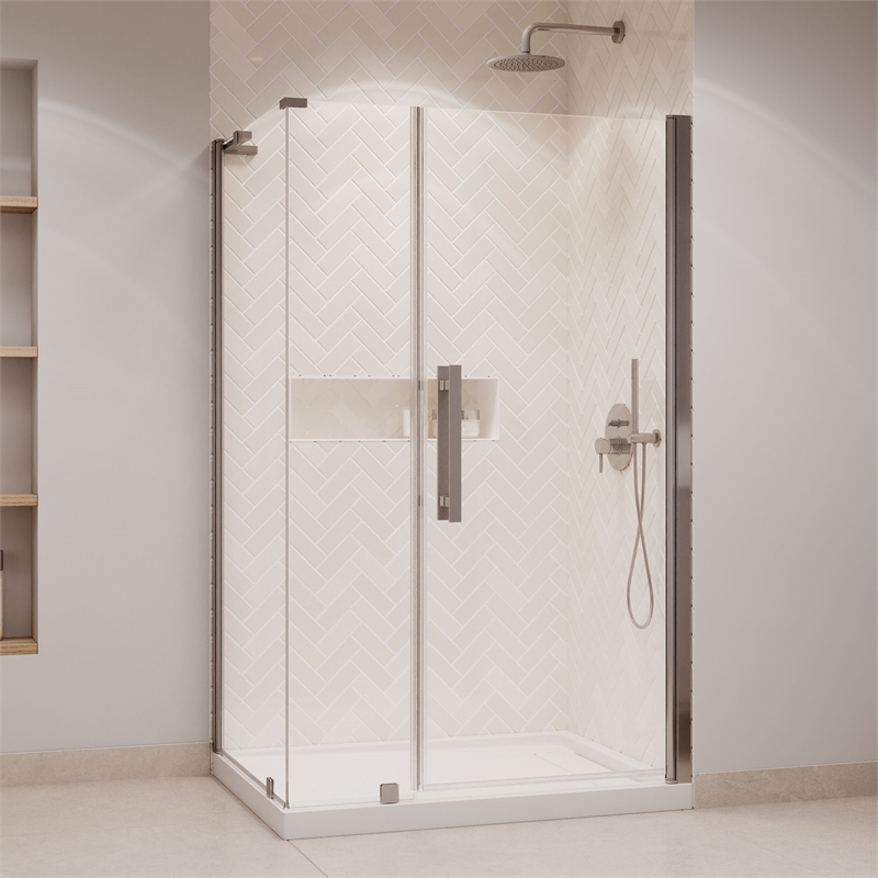 Pemberly Row 48 x 36 x 74-3/4 Corner Shower Kit with Base & Door in Satin Nickel