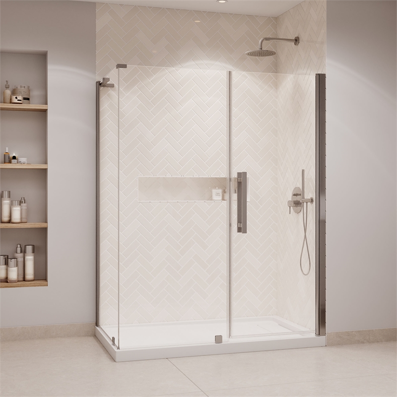 Pemberly Row 60 x 36 x 74-3/4 Corner Shower Kit with Base & Door in Satin Nickel
