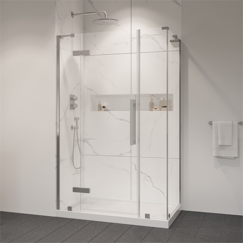 Pemberly Row 48 x 36 x 74-3/4 Corner Shower Kit with Base & Door in Satin Nickel