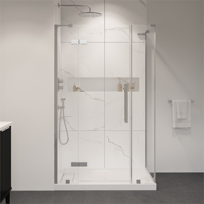 Pemberly Row 48 x 36 x 74-3/4 Corner Shower Kit with Base & Door in Satin Nickel