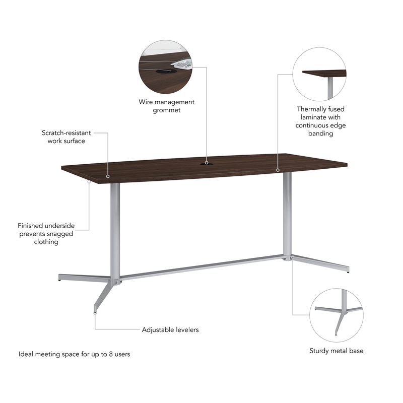 Pemberly Row 72W Wood Office Conference Table with Metal Base in Black Walnut
