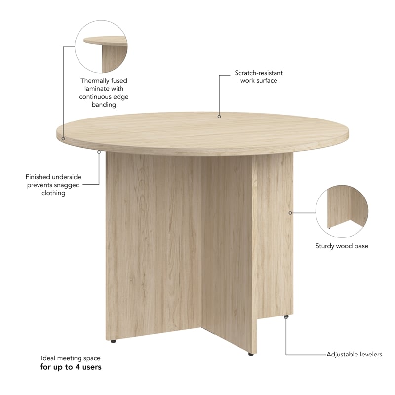 Pemberly Row 42W Round Wood Conference Table with Wooden Base in Natural Elm