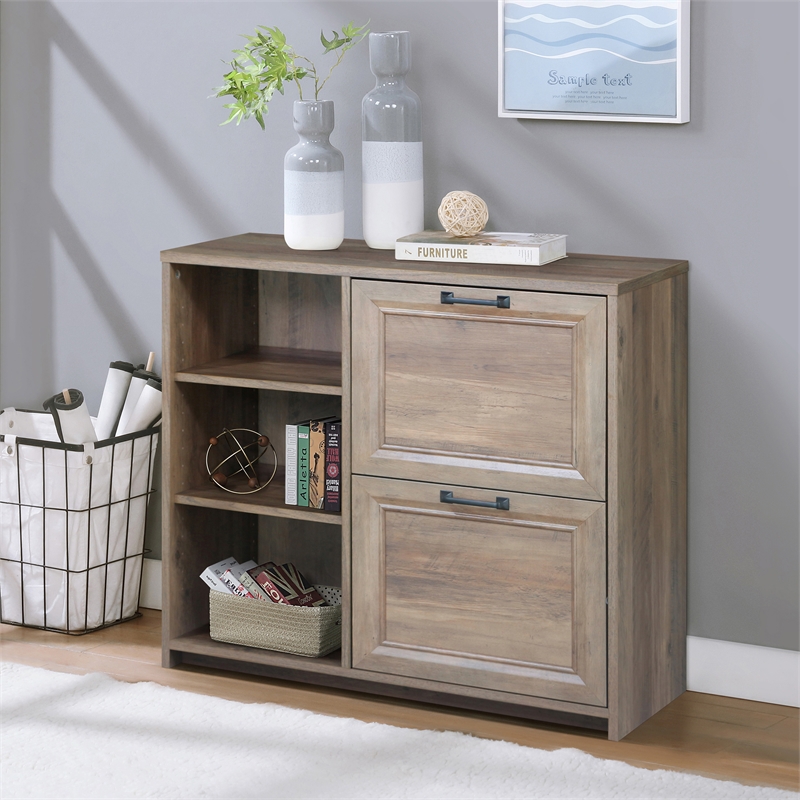Pemberly Row Contemporary Wood 2 Drawer File Cabinet With 3 Shelf in Oak