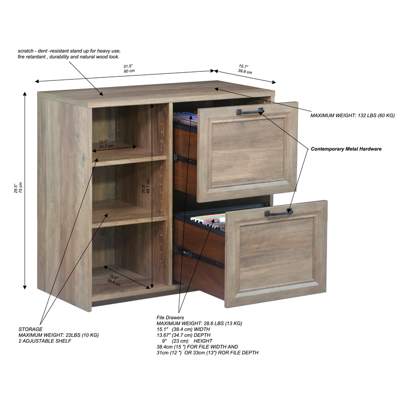 Pemberly Row Contemporary Wood 2 Drawer File Cabinet With 3 Shelf in Oak