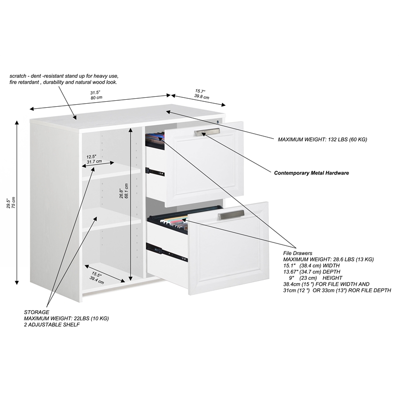 Pemberly Row Wood 2 Drawer File Cabinet With 3 Shelf in White