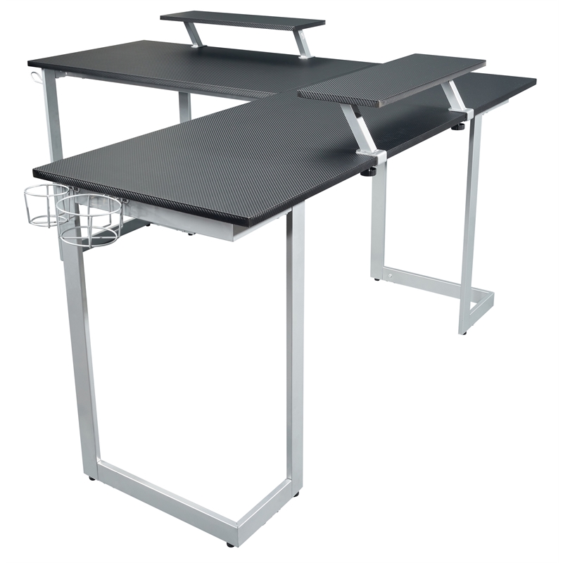 Pemberly Row Contemporary Engineered Wood L-Shaped Gaming Desk in Black