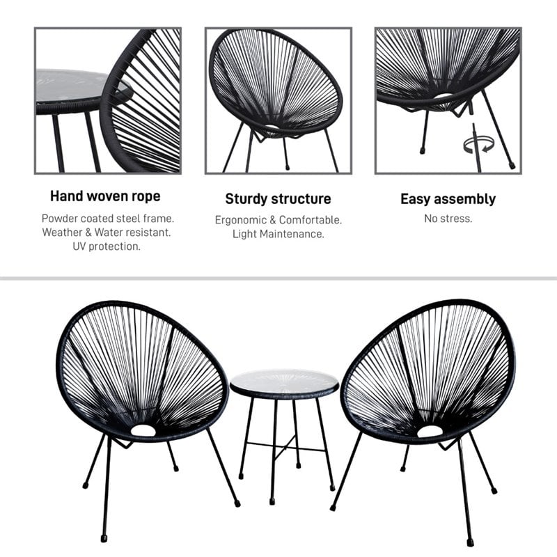 Pemberly Row Contemporary 3 Piece Conversation Patio Set in Black