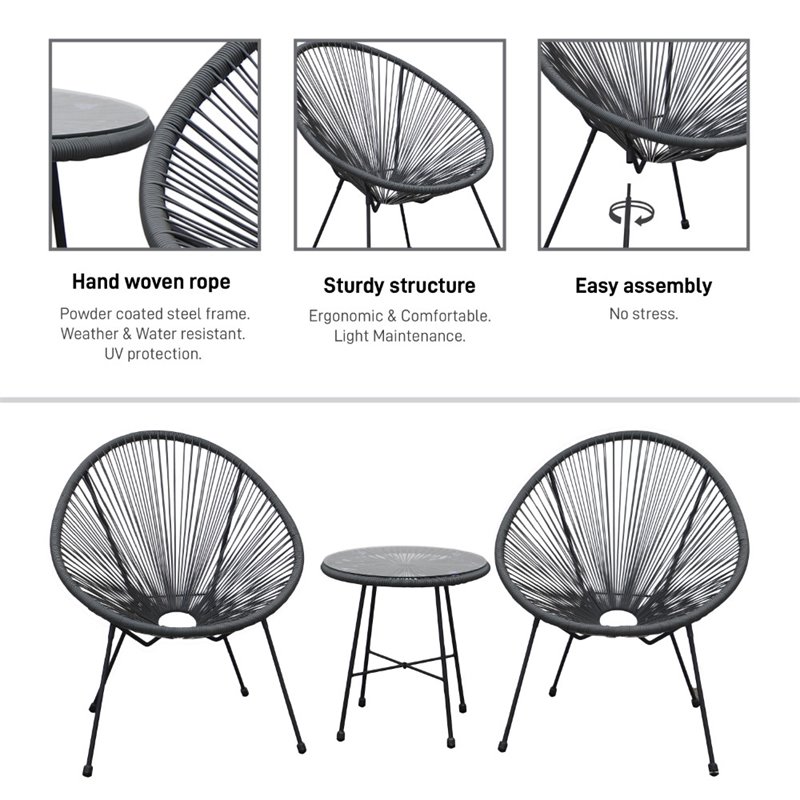 Pemberly Row Contemporary 3 Piece Conversation Patio Set in Gray