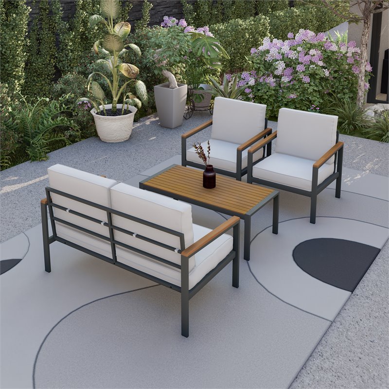 Pemberly Row Contemporary 4-Piece Aluminum/Wood Patio Sofa Set in Beige
