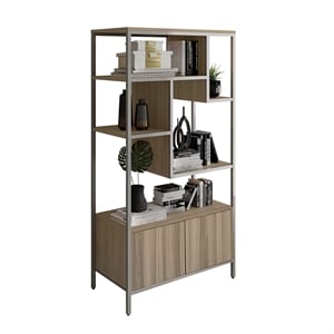 Pemberly Row Mid-Century MDF Wood & Metal Storage Rack with Door Cabinet in Oak