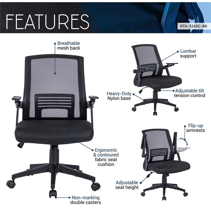 Pemberly Row Ergonomic Modern Plastic Mesh Office Chair in Black