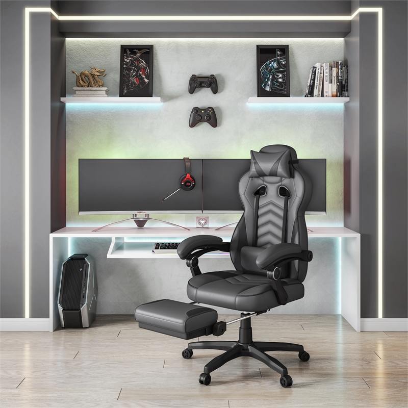 Pemberly Row Reclining PU Leather Executive Lumbar Support Office Chair Grey