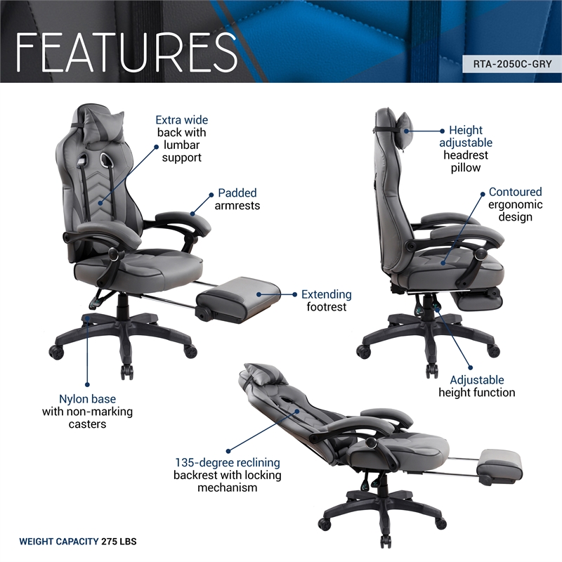 Pemberly Row Reclining PU Leather Executive Lumbar Support Office Chair Grey