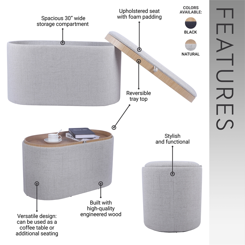Pemberly Row Storage Ottoman with Reversible Wooden Tray Top - Natural