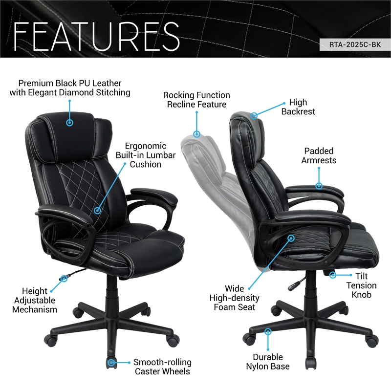 Pemberly Row High-Back Ergonomic Office Chair - Black Faux Leather