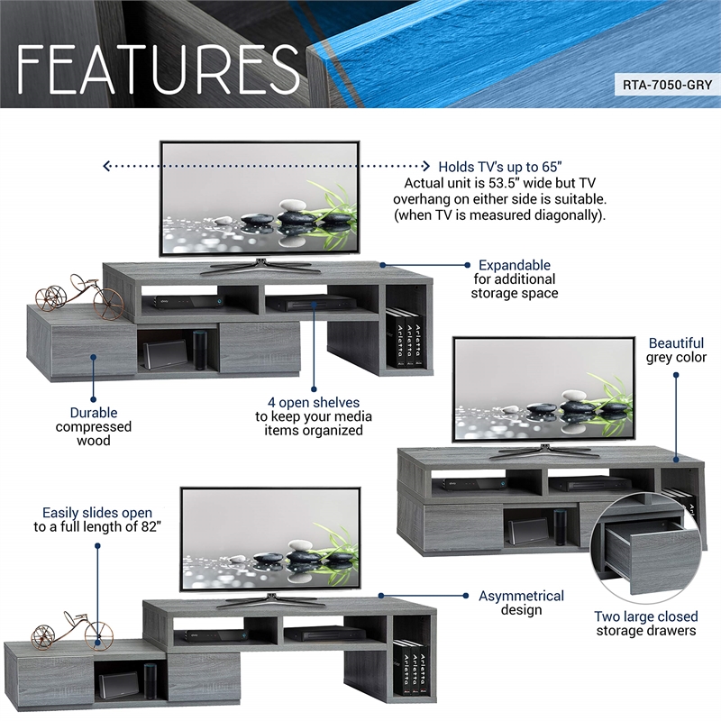 Pemberly Row Contemporary Adjustable TV Stand Console for TV's up to 65