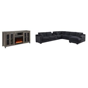 Pemberly Row Set of 2 Chenille Fabric Sectional Chaise and Fireplace TV Console