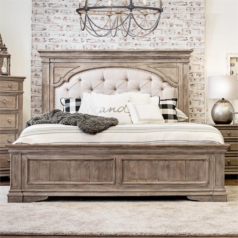 Pemberly Row Set of 3 Gray Wood Upholstered Panel Queen Bed & 2 Nightstands