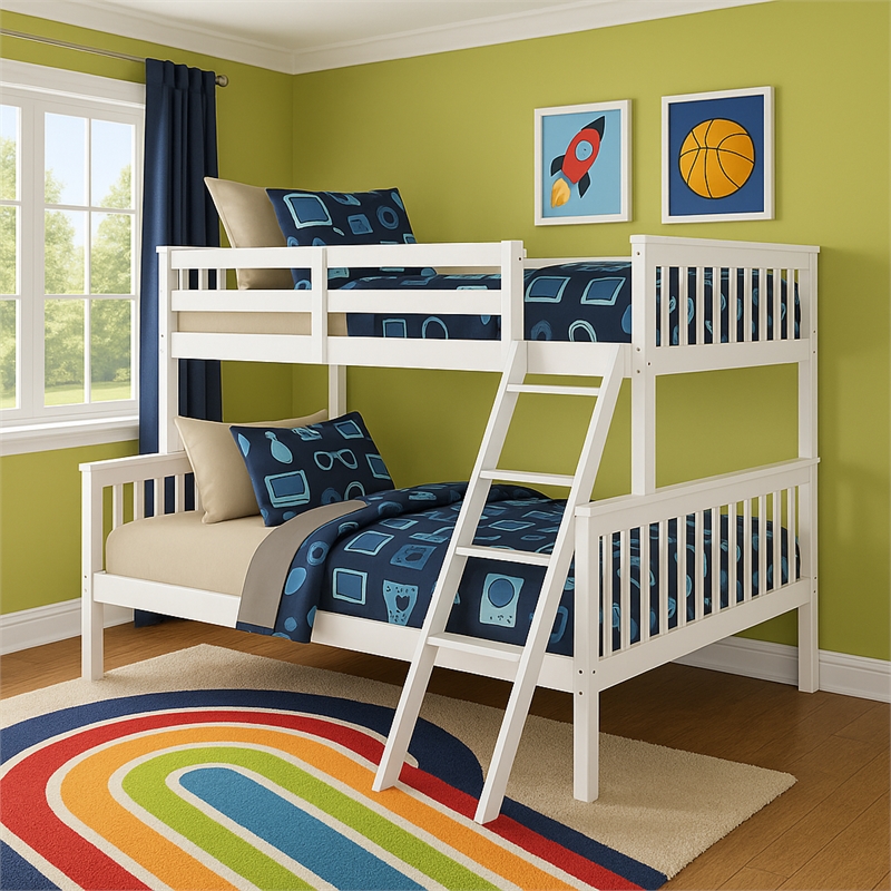 Pemberly Row Contemporary Twin Over Full Bunk Bed in White Finish
