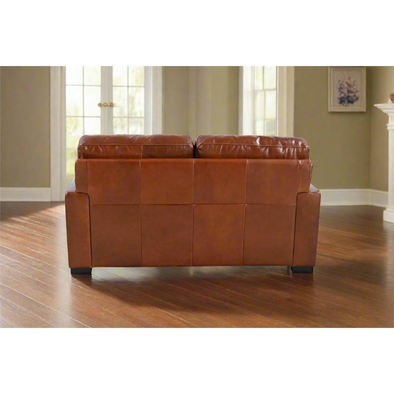 Pemberly Row Contemporary Top Grain Leather Love Seat in Chestnut