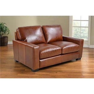 Pemberly Row Contemporary Top Grain Leather Love Seat in Chestnut