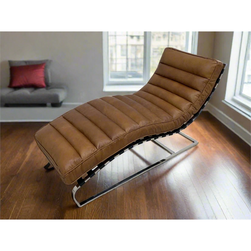 Pemberly Row Plano Channeled Leather Chaise Lounge in Light Brown Leathe