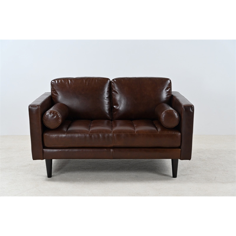 Pemberly Row Contemporary Top Grain Leather Love Seat in Chocolate Brown