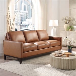 Pemberly Row Contemporary Top Grain Leather Sofa in Chestnut