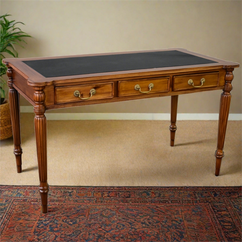 Pemberly Row Contemporary Leather Top Desk in Light Brown Walnut
