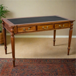 Pemberly Row Contemporary Leather Top Desk in Light Brown Walnut