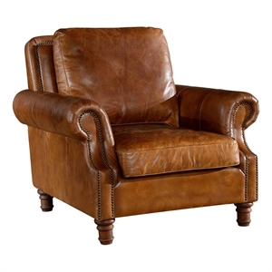 Pemberly Row English Rolled Arm Chair in Light Brown Leather
