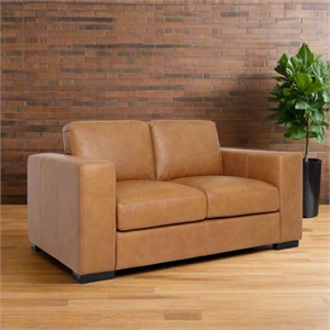 Pemberly Row Contemporary Top Grain Leather Love Seat in Tan