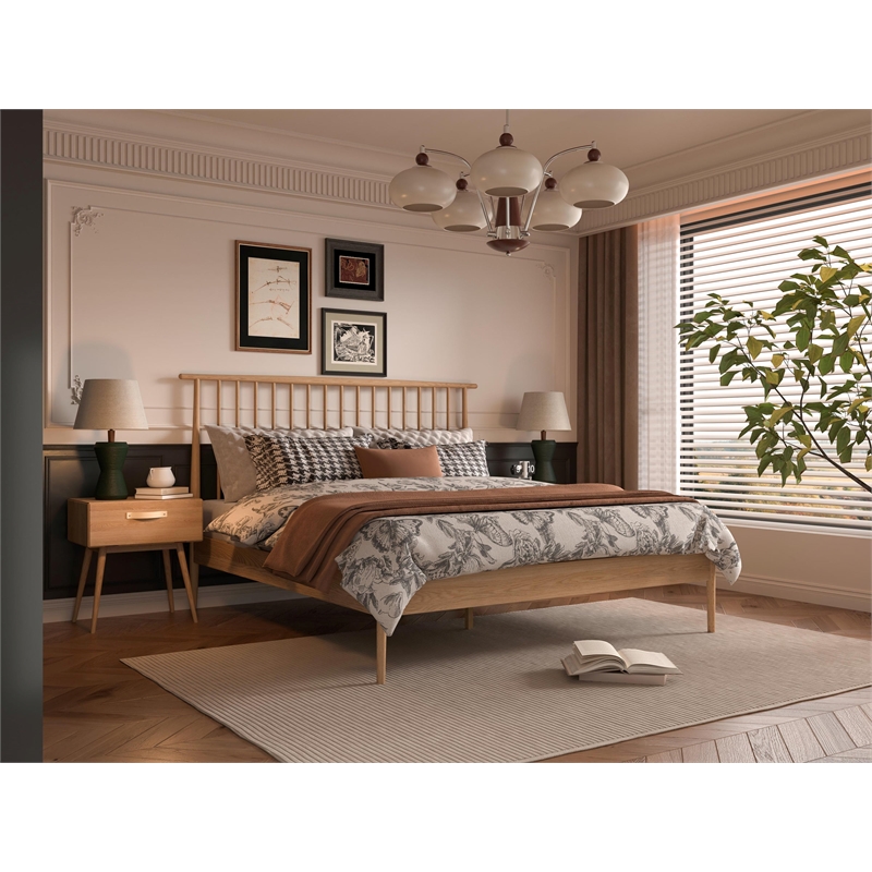 Pemberly Row Mid-Century Solid White Oak Bedroom Set (King Bed + 2 Nightstands)