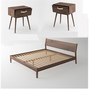 Pemberly Row Solid Black Walnut Wood Bedroom Set (Queen Bed + 2 Nightstands)