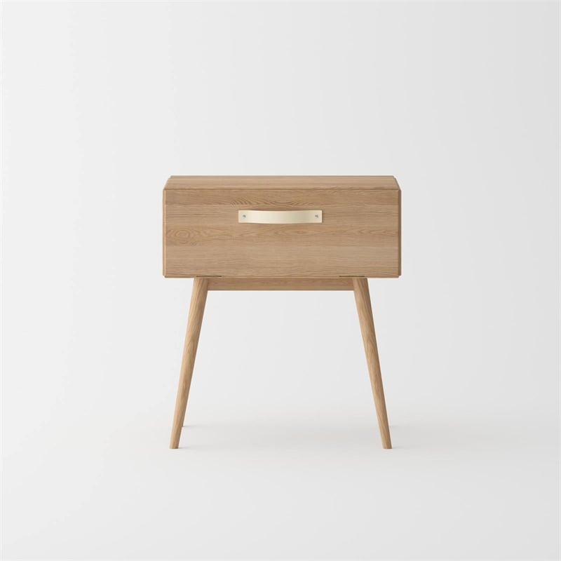 Pemberly Row Mid-Century Solid White Oak Bedroom Set (Queen Bed + 2 Nightstands)