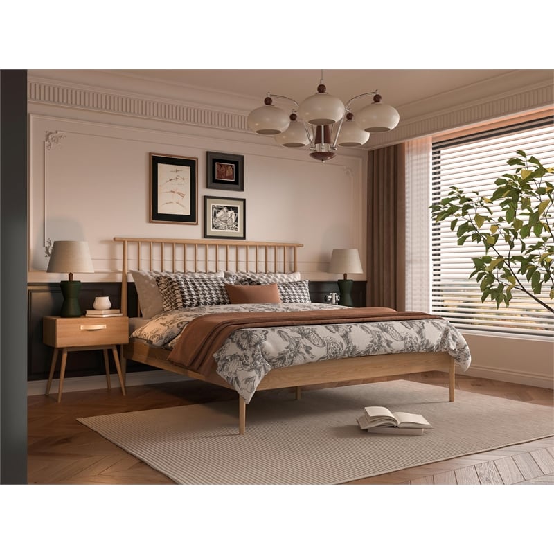 Pemberly Row Mid-Century Solid White Oak Bedroom Set (Queen Bed + 2 Nightstands)