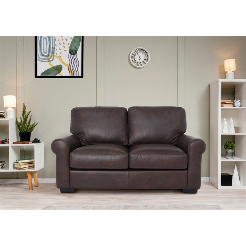 Pemberly Row Contemporary Top Grain Leather Love Seat in Dark Brown