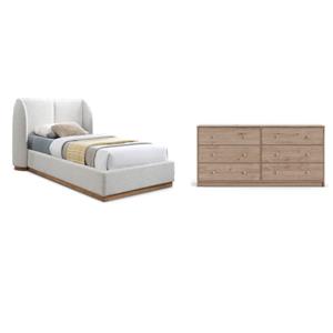 Pemberly Row Set of 2 6-Drawer Double Dresser & Cream Boucle Fabric Twin Bed