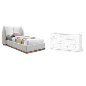 Pemberly Row Set of 2 White Double Dresser & Cream Boucle Fabric Twin Bed