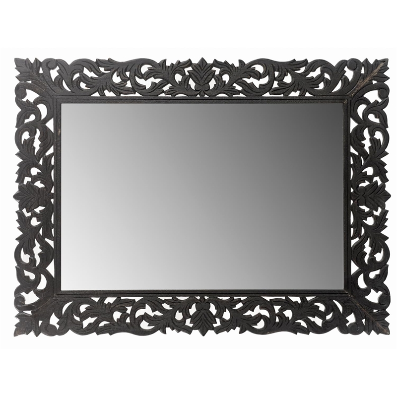Pemberly Row Floral Carved Solid Wood Accent Mirror in Black