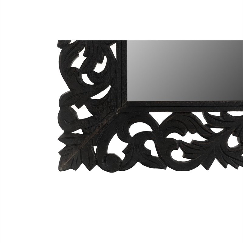 Pemberly Row Floral Carved Solid Wood Accent Mirror in Black