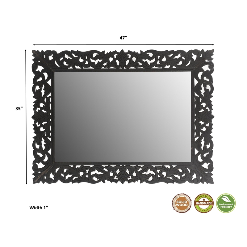 Pemberly Row Farmhouse Floral Carved Solid Wood Accent Mirror in Gray