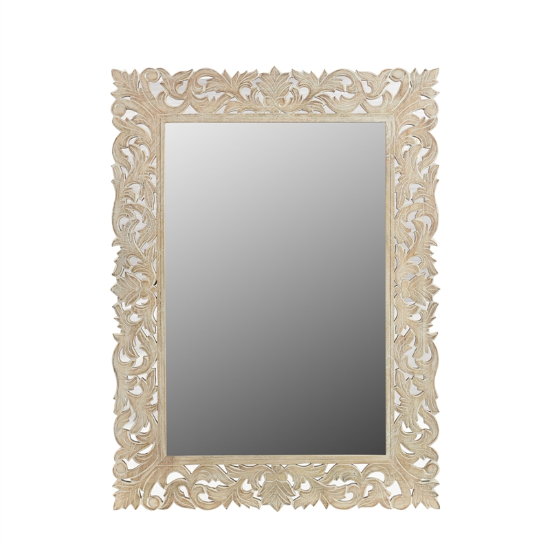 Pemberly Row Farmhouse Floral Carved Solid Wood Accent Mirror in Gray