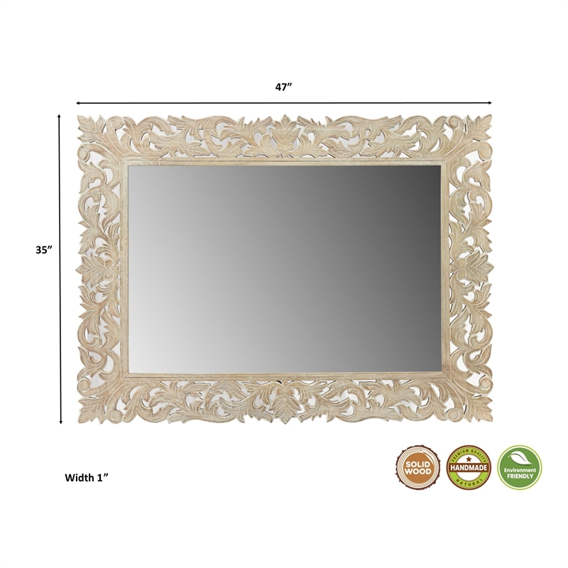 Pemberly Row Farmhouse Floral Carved Solid Wood Accent Mirror in Gray