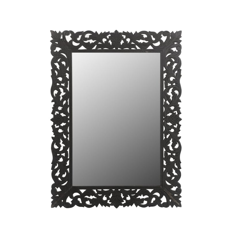 Pemberly Row Farmhouse Floral Carved Solid Wood Accent Mirror in Gray