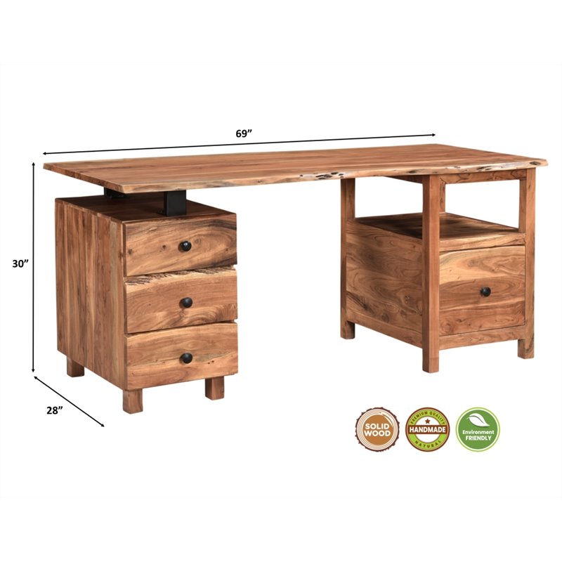 Pemberly Row 4-drawer Live Edge Solid Wood Desk in Brown/Black