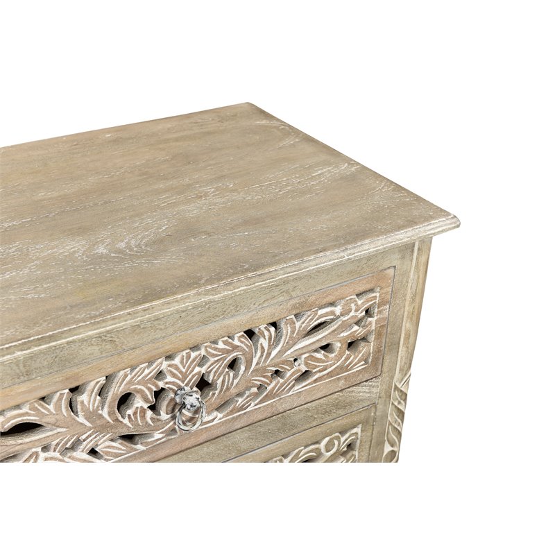 Pemberly Row Floral Carved Solid Wood 3-Drawers Nightstand in Gray